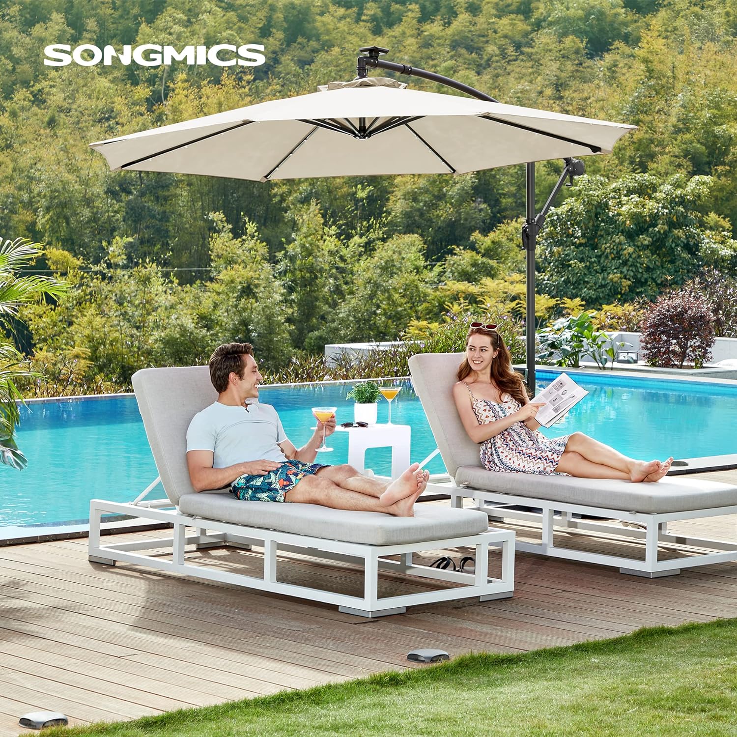 SONGMICS 10 ft Cantilever Patio Umbrella with Solar-Powered LED Lights, Outdoor Offset Umbrella with Base, Pool Garden Deck, Crank for Opening Closing, Water-Repellent, UPF 50 , Beige UGPU118M01